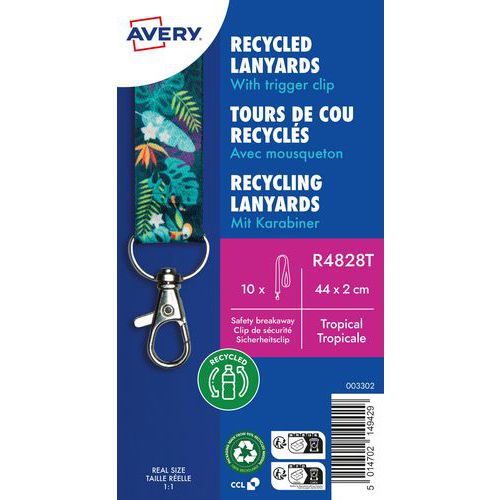 Avery - Lot de 10 tours de cou motif tropical vert - 44 cm - Recyclé 80% - Mousqueton