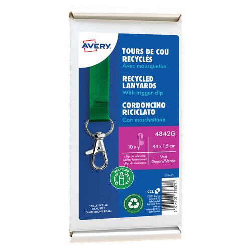 Avery - Tours de cou recyclés verts 44cm avec mousqueton - Lot de 10 - 80% PET recyclé