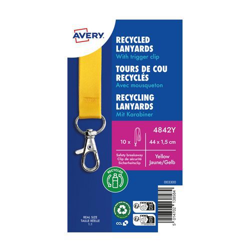 Avery - Tours de cou recyclés jaunes 10 pièces - 44 cm - Avec mousqueton - Éco-responsable