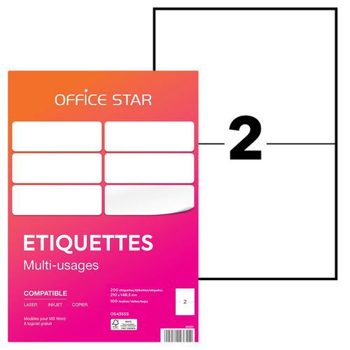 Office Star - Étiquettes Multifonction Blanches - 200 Étiquettes - Impression Laser/Jet d'encre - Éco-responsable FSC