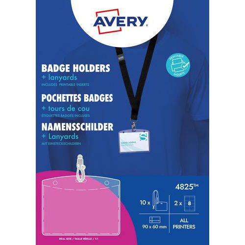 Avery - Porte-badges horizontal noir avec tour de cou - Fente d'accès - Lot de 3 trous de perforation