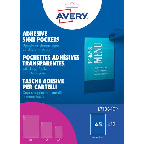 Avery - Pochette murale adhésive A5 transparente - 159 x 219 mm - Lot de 10 - Fixation permanente