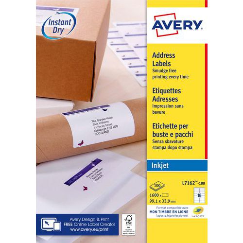 Avery - Étiquettes Adresses Jet d'encre Blanc 63,5 x 38,1 mm - 2100 Étiquettes - Adhésif Permanent Éco-responsable