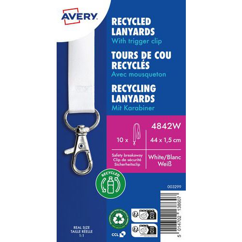 Avery - Lot de 10 tours de cou blancs recyclés 80% avec mousqueton - 44 cm