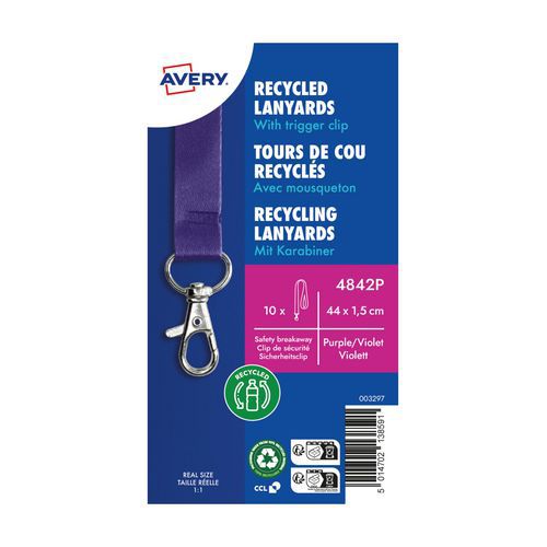 Avery - Lot de 10 tours de cou violets recyclés - Mousqueton - 44 cm - Éco-responsable