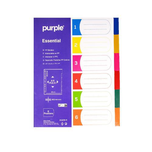 Purple - Jeu 6 Maxi Intercalaires Polypropylène A4+ Assortis - 6 Divisions Opaque 0.4mm - Recyclable