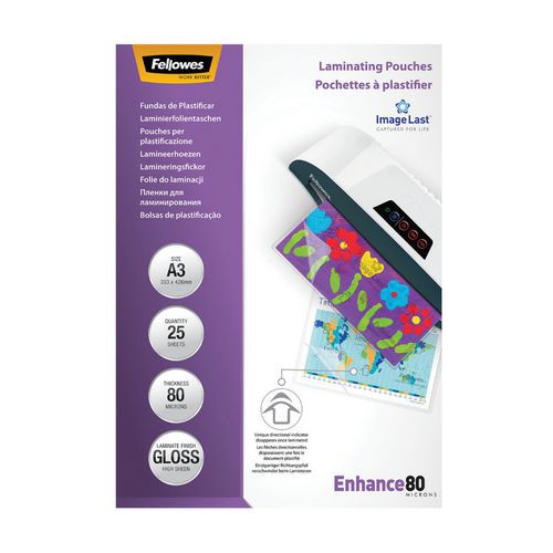 Fellowes - Pochettes de plastification A3 Image Last 80μ - Lot de 100 - Brillance et protection durable