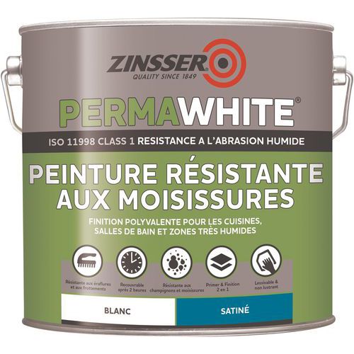 Zinsser - Peinture Antimoisissure PermaWhite Blanc Satin 2.5L - Séchage Rapide 30 min