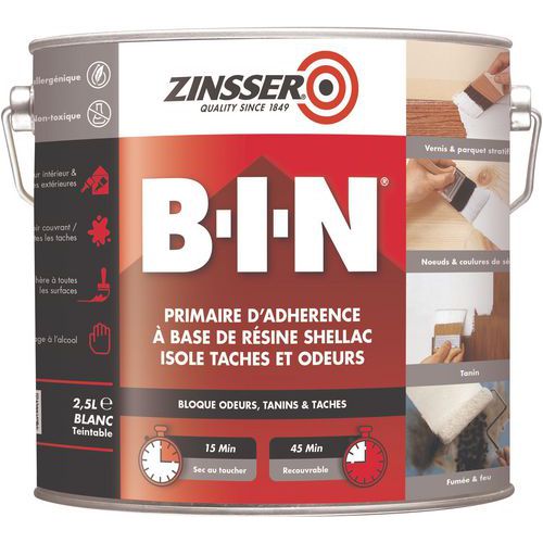 Zinsser - Primaire d'adhérence isolant BIN 2.5L Blanc - Intérieur/Extérieur - Satin - Séchage rapide