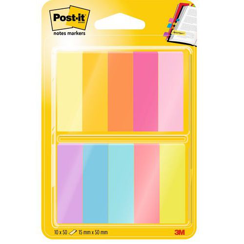 Post-it Marque-Pages Adhésifs - Pack De 5 Blocs - 15x50mm - 500 Feuilles - Couleurs Assorties - Repositionnables