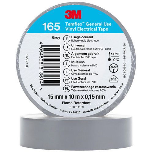 3M - Ruban d'isolation électrique Temflex 165 - 10m x 15mm Gris - Haute performance et durabilité