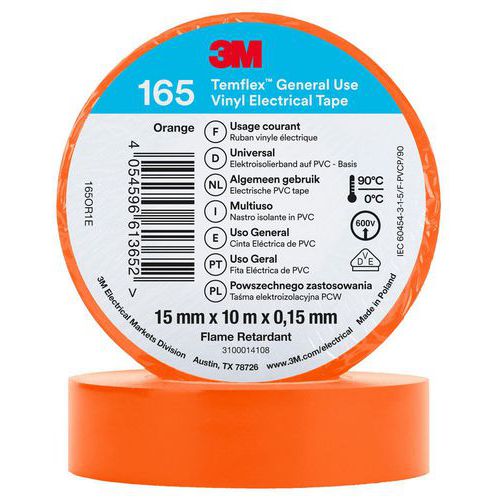 3M - Ruban d'isolation électrique Temflex 165 - 10m x 15mm Orange - Haute performance et durabilité