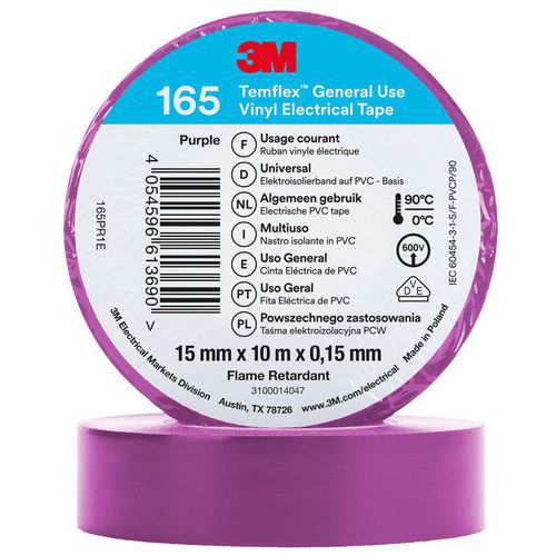 3M - Ruban d'isolation électrique Temflex 165 Violet 10m x 15mm - Haute performance et durabilité