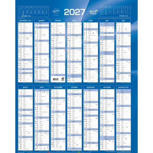 Quo Vadis - Calendrier Annuel Vertical Classic 43x55cm Bleu - 14 Mois - Éco-responsable PEFC