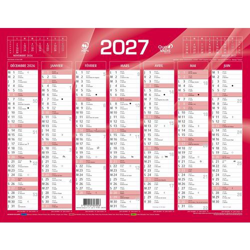 Quo Vadis - Calendrier Banque Rouge 27x21cm - 14 Mois Année Civile - Éco-responsable PEFC