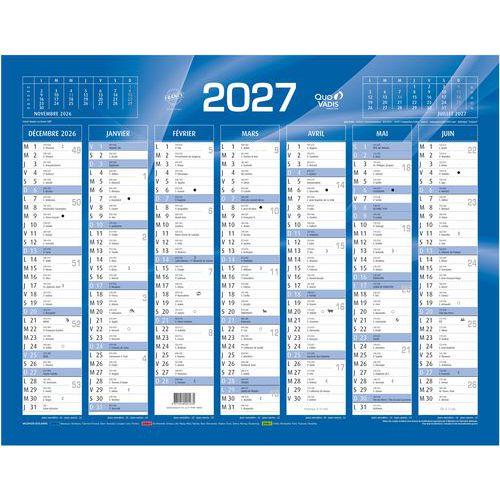 Quo Vadis - Calendrier Banque Bleu - 43,5x36cm - 14 Mois - Éco-responsable