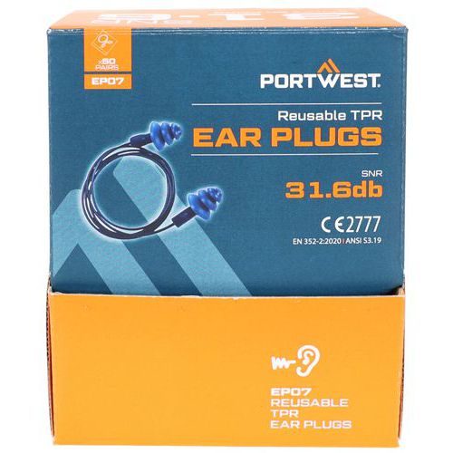 Portwest - Bouchons d'oreilles détectables TPR avec cordon EP07 Bleu - 30 dB - Oeko-Tex - Idéal industrie alimentaire