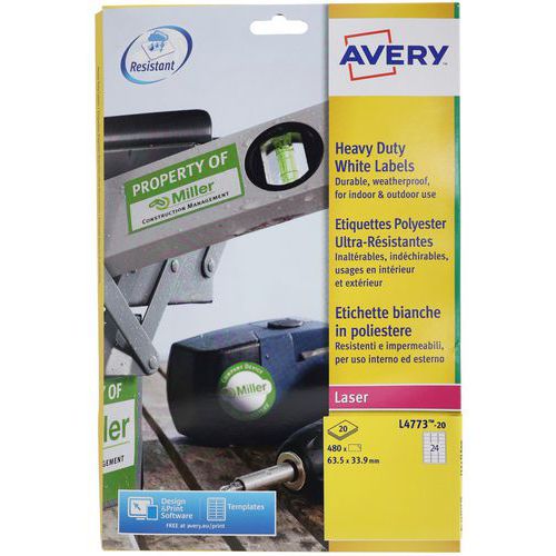 Avery - Étiquettes Polyester Ultra-Résistantes Laser Blanc 63,5x33,9mm - 480 Étiquettes - Adhésif Permanent