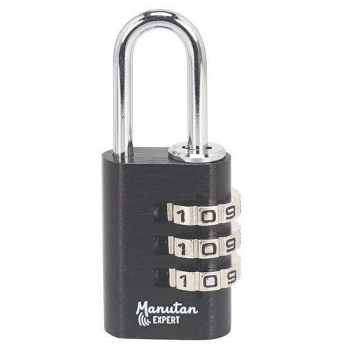 Manutan Expert - Cadenas à Code Aluminium 21 mm Noir - 3 Molettes - Anse Acier 3.2 mm - Sécurité Fiable