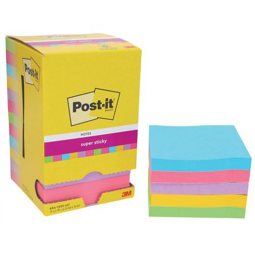 Post-it - Notes Super Sticky 76x76mm - 12 Blocs Assortis - 90 Feuilles/Bloc - Idéal Bureau