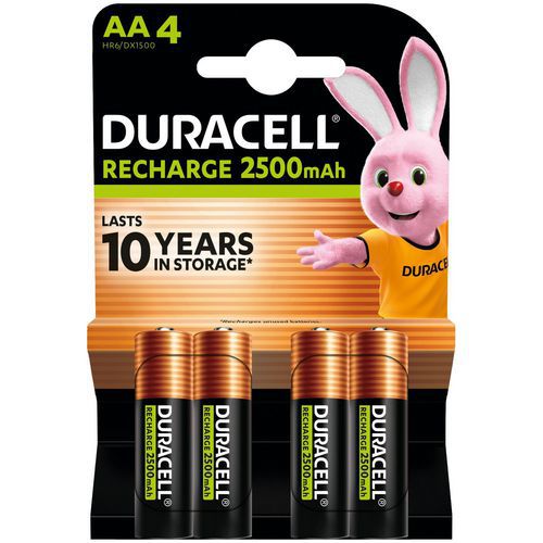 Duracell - Piles Rechargeables AA LR6 2500 mAh - Pack de 4 - Haute Performance et Durabilité