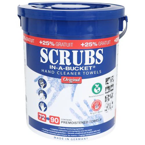 Scrubs - Lingettes Nettoyantes Mains et Outils - Seau 72 Lingettes - Bleu - Format XL 26.7x31.1cm