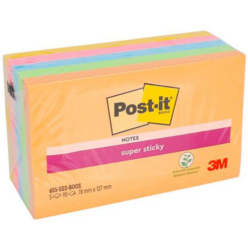 Post-it Super Sticky - Notes Boost 76x127mm - Lot de 12 paquets de 5 blocs - Couleurs vives, 90 feuilles/bloc