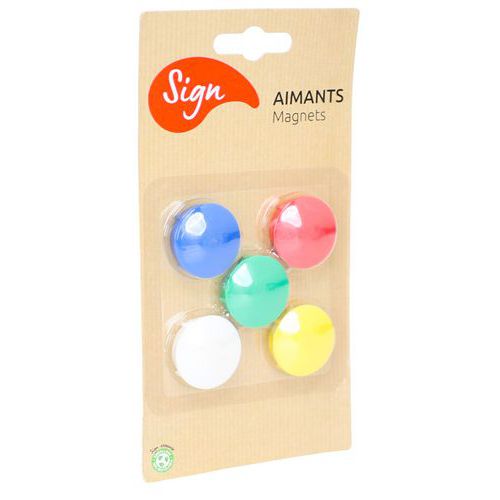 Blister 5 Aimants Ronds 27mm Assortis - Plastique Recyclable - Idéal pour Bureau et Maison