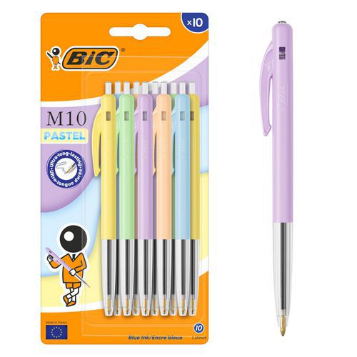 BIC - Stylos bille rétractables M10 Colors Fun - Lot de 10 - Encre bleue - Assortis
