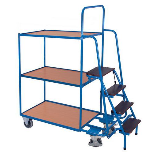 Variofit - Chariot 3 plateaux bois et escabeau - 990x595mm - 250Kg - Charge 80kg/plateau - Bleu