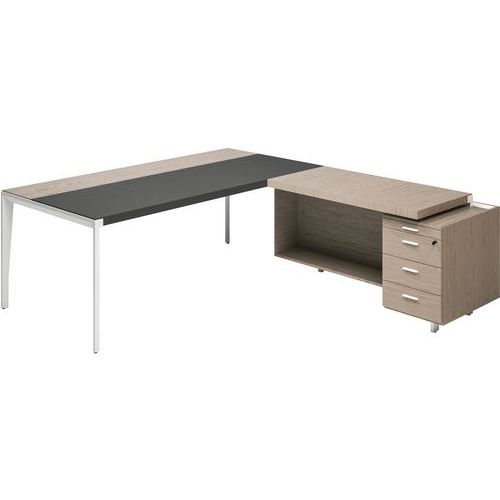 Quadrifoglio - Bureau X9 avec retour gauche - Plateau Orme Gris 172x234x75 - Style Directionnel - Piétement Blanc Ajustable