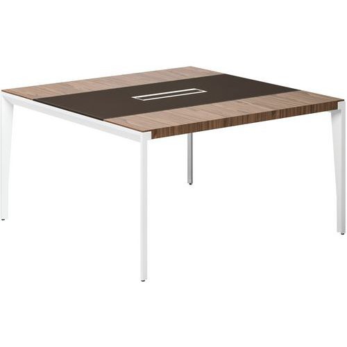 Table De Réunion X9 Noyer Américain L140 X 140 Pied Metal Blanc Insert En Cuir Marron