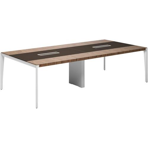 Table De Réunion X9 Noyer Américain L280 X 140 Pied Metal Blanc Insert En Cuir Marron