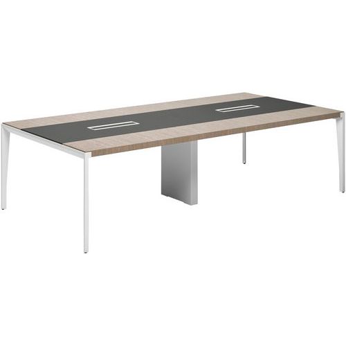 Table De Réunion X9 Orme Gris L280 X 140 Pied Metal Blanc Insert En Cuir Gris Anthracite