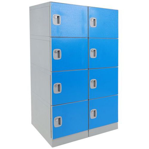 Manutan Expert - Vestiaire plastique 8 compartiments bleu - 2 colonnes, 4 cases/colonne, fermeture à clé, 1344x760x500mm