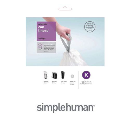 SIMPLEHUMAN Set 20 sacs poubelle lettre K 38L en plastique blanc