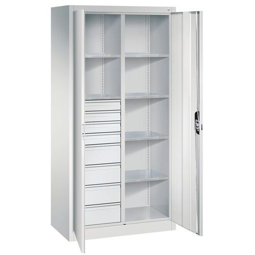 CP - Armoire haute d'atelier - 1950x930x500 mm - 6 tablettes, 8 tiroirs - Gris clair - Charge 450 kg