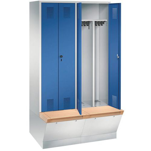 CP - Vestiaire Monobloc Grande Largeur 2 Personnes sur Banc Coffre Porte Bleu - Livré Monté - Robuste et Pratique