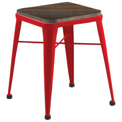 Tabouret Roma 4 Pieds Assise Pin Vieilli Foncé / Acier Rouge