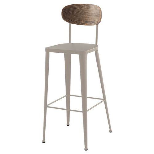 Jayso - Tabouret Austin Pin Vieilli Taupe - Assise Acier - Dossier Pin - Empilable - 75cm Hauteur Assise