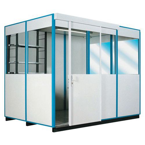 Cabine d'atelier mélaminée bleue coulissante 4.04m x 3.04m x 2.45m - Paroi robuste et design fonctionnel