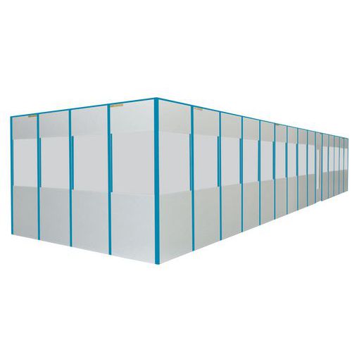 Cloison pleine simple paroi mélaminé blanc 3,03m x 1,20m - Montants bleus - Garantie 3 ans