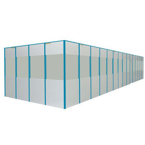 Cloison semi-vitrée simple paroi - Blanc 2,53m x 1,20m - Mélaminé 16mm - Montant Bleu - Garantie 3 ans