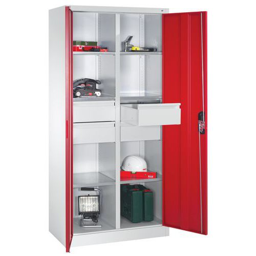 Armoire à Outils Portes Battantes 4 Tiroirs Gris Et Rouge