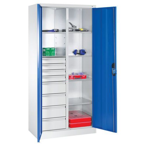 Armoire à Portes Battantes 8 Tiroirs Gris Et Bleu L930mm