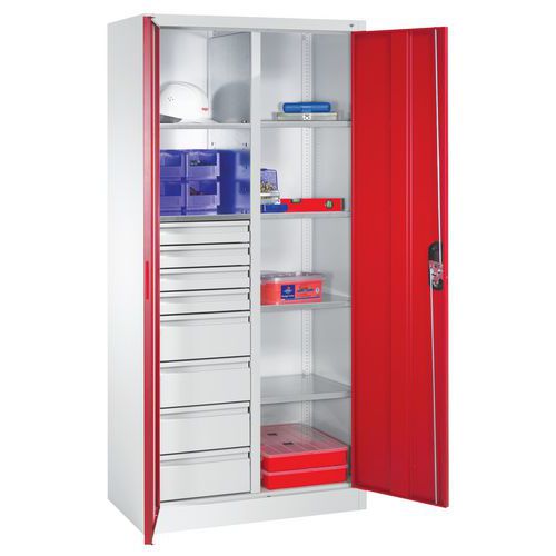 Armoire à Portes Battantes 8 Tiroirs Gris Et Rouge L930mm