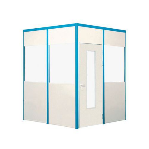 Bloc-porte simple battant semi-vitré - 3m H x 1m L - Blanc & Montants Bleus - Bois laqué - 3 ans garantie