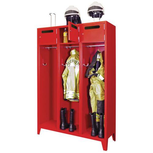 Vestiaire Monobloc Service Incendie - Acier Rouge 3 Colonnes 1230x1850mm - Serrure à clé - Robuste et Pratique