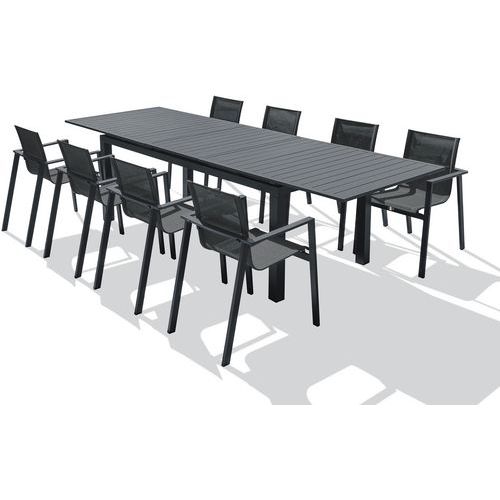 DcbGarden - Table de jardin Miami 300x100cm + 8 fauteuils aluminium anthracite - Capacité 8 personnes - Plateau 300x100cm