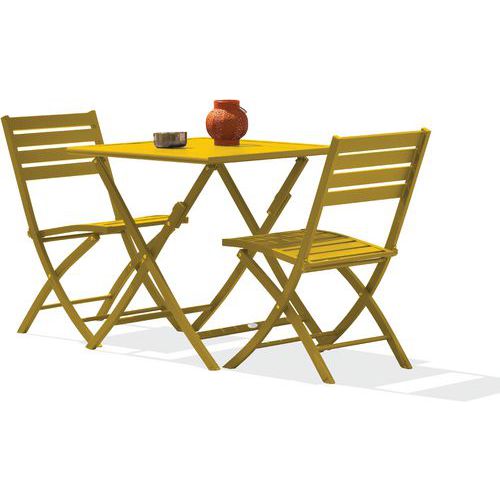 CityGarden - Table de jardin Marius 70x70cm + 2 chaises pliantes moutarde - Montage facile - Mobilier d'extérieur résistant et stylé